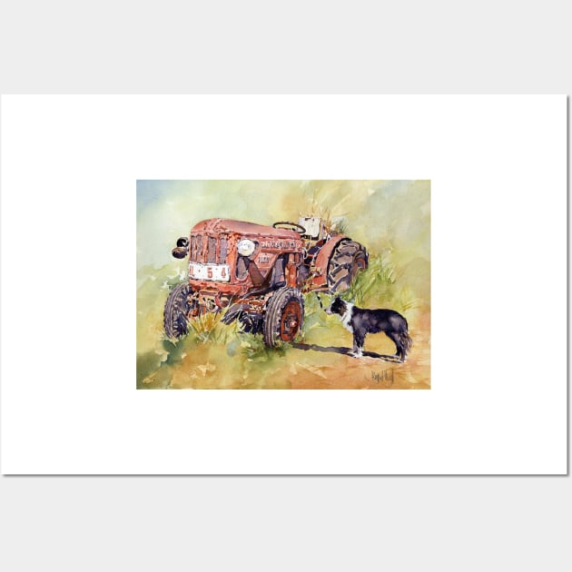 VINTAGE TRACTOR WITH BORDER COLLIE Wall Art by margaretmerry